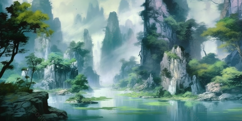古风山水场景天空下青山绿水云雾环绕森林树木自然景观背景插画,插画/手绘图,插画/手绘图库,插画/手绘图下载,插画/手绘